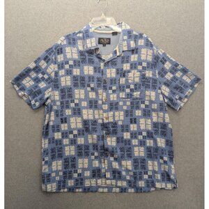 Nat Nast Shirt Mens XL Blue White Silk Cotton Hawaiian Button Up Camp Casual
